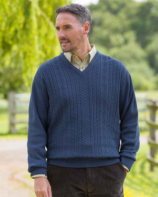 Haydock Cable Knit V Neck Jumper - Blue - Country Collection