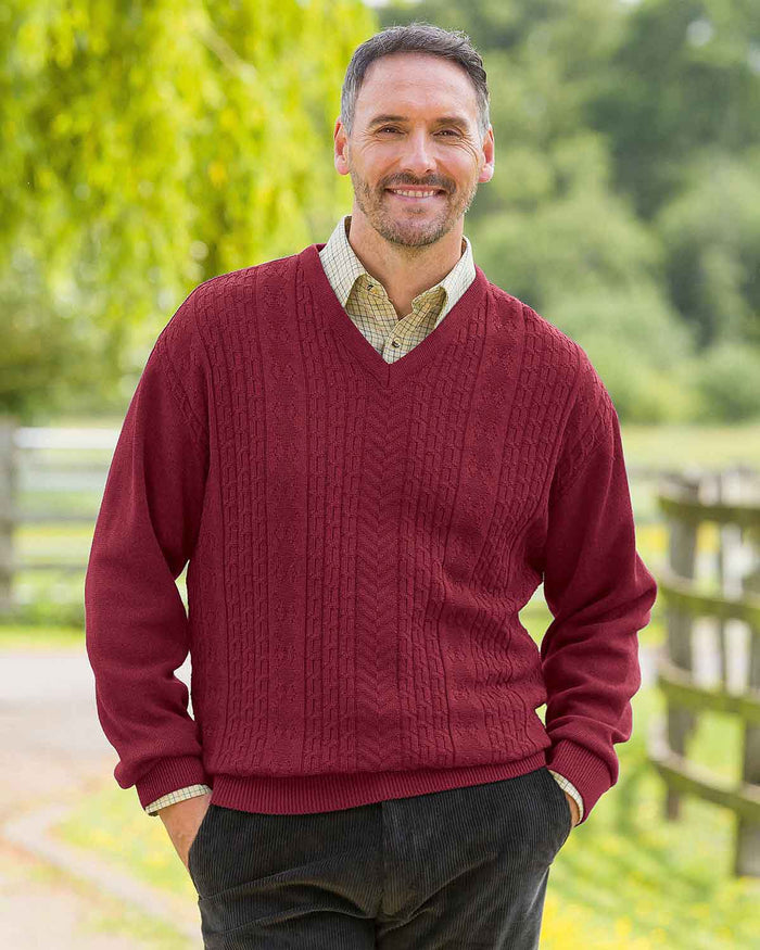 Haydock Cable Knit V Neck Jumper - Claret - Country Collection