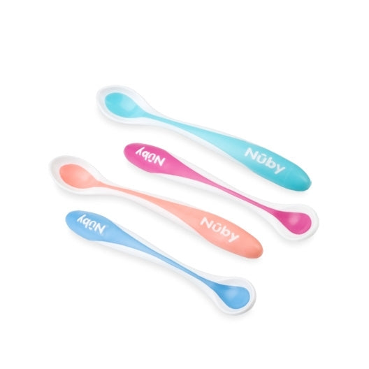 The Nuby Hot Safe Baby Spoon 4 Pack includes blue, pink, and turquoise spoons with soft bite tips and white edges. Each spoon features the Nuby name and is shown overlapping on a white background.