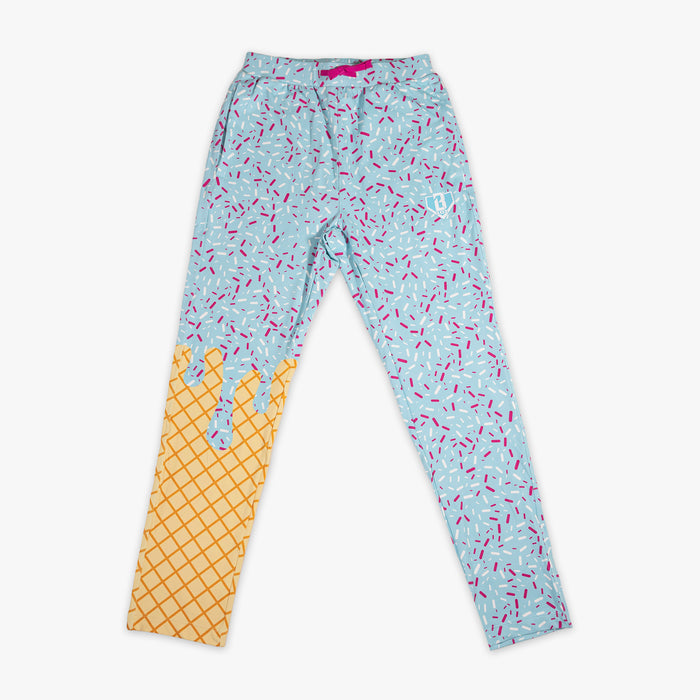 Youth model wearing ice Cream Pajama Pants Cotton Candy Blue youth pants
