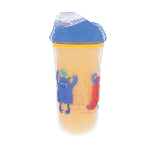 The Nuby Insulated Cool Sipper Cup features a yellow body, blue lid, and playful monsters with trees. Spill-proof and designed for kids, it’s perfect for little hands on the move.