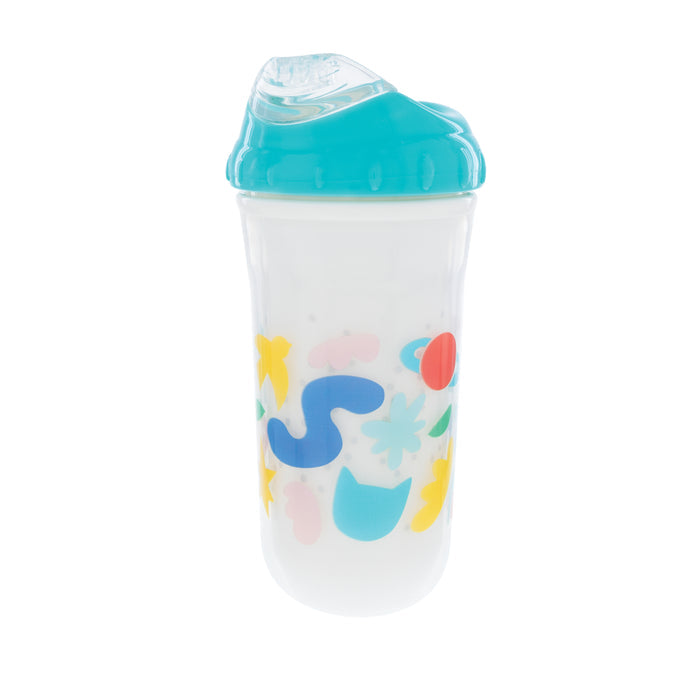 The Nuby Insulated Cool Sipper Cup is a spill-proof sippy cup with a turquoise lid and spout, featuring colorful abstract shapes and patterns on a white background.