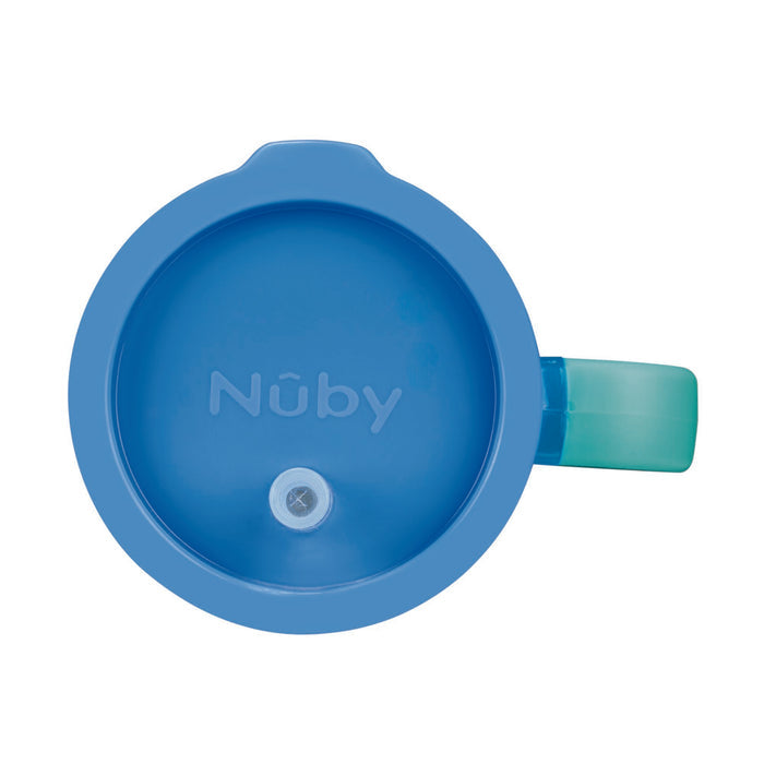 A top-down view of the Insulated Tiny Tumbler | Electric Blue, featuring a blue spill-proof cup with a light blue handle and translucent teal grip, with the brand name embossed inside the cup.