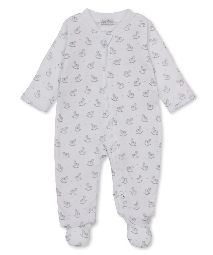 Kissy Kissy Zip Footie in Silver Gingham Rockers
