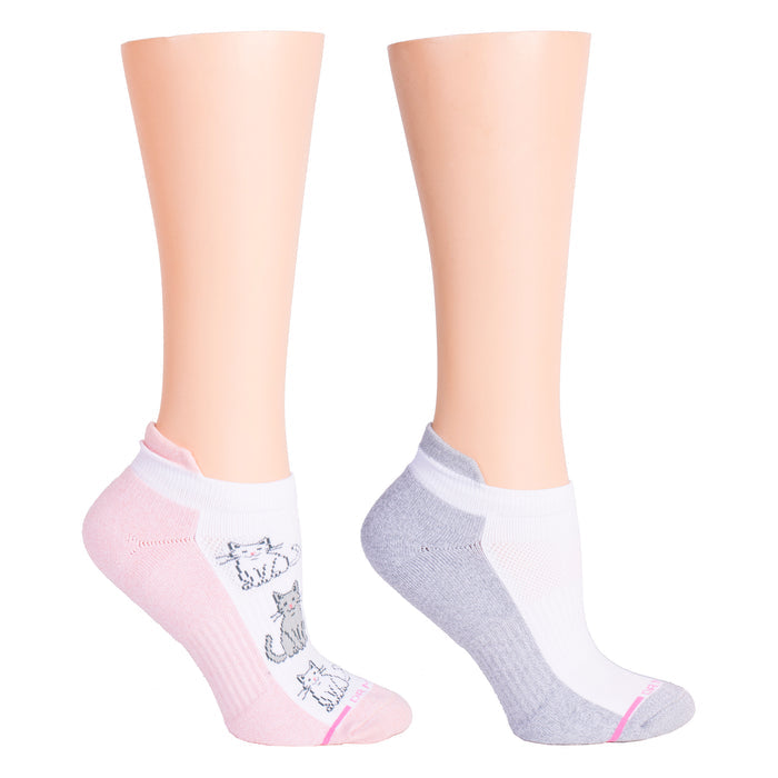 Ankle compression socks in pink and gray with cat designs, displayed on mannequin legs.