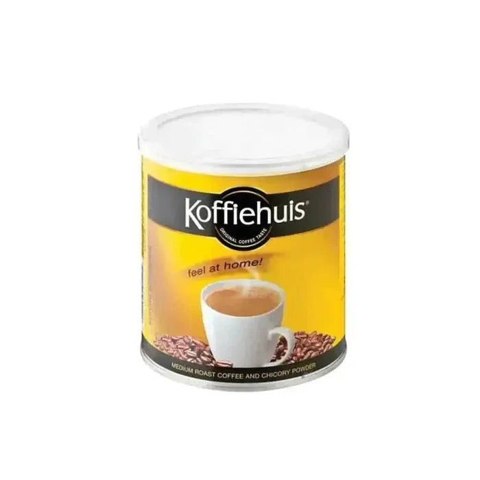 Koffiehuis Original Instant Coffee 250g package with roasted coffee beans and cup of brewed coffee