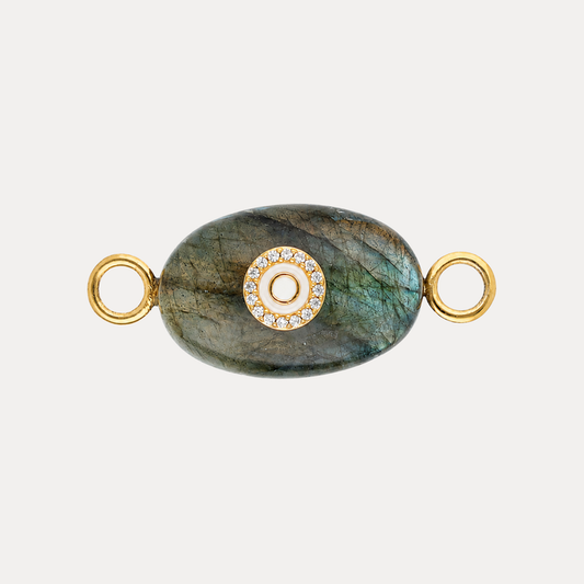 Labradorite Eye Charm featuring a gold-toned medallion and sparkling crystals, showcasing unique iridescent flashes.