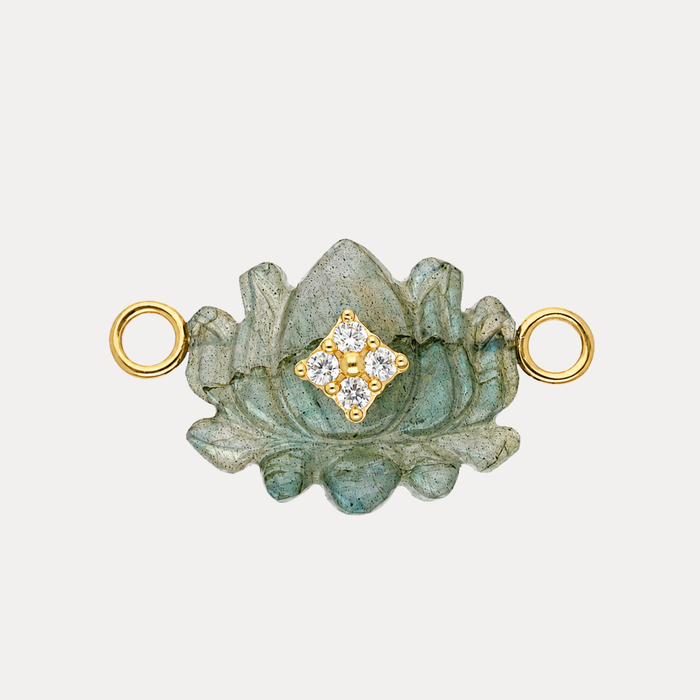 Labradorite Lotus Charm featuring iridescent labradorite flower and gold medallion with crystals.