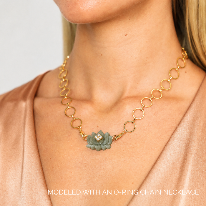 Labradorite Lotus Charm modeled with an O-ring chain necklace showcasing iridescent flower detail.