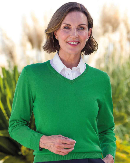 Merino V neck Sweater Ladies - Watercress - Country Collection
