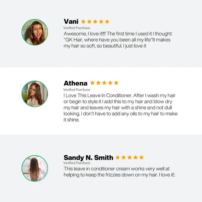 Three five-star verified reviews of the Leave-In Conditioner Hair Cream: soft hair, shine without added oils, less frizz