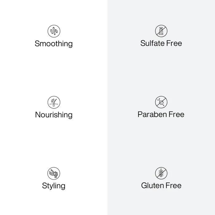 Benefit icons for Leave-In Conditioner Hair Cream: Smoothing, Nourishing, Styling, Sulfate Free, Paraben Free, Gluten Free