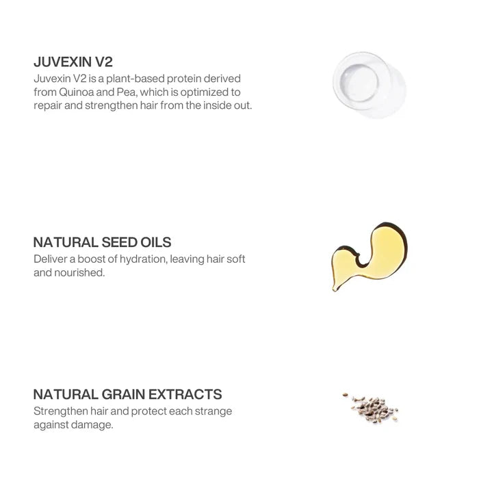 Ingredient panel for the Leave-In Hair Spray: Juvexin V2 quinoa and pea protein, natural seed oils, natural grain extracts