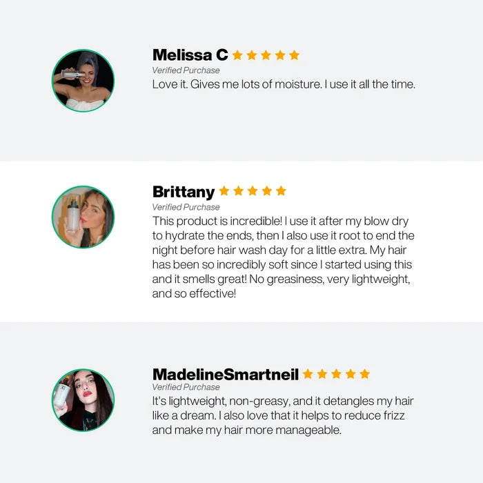 Leave-In Hair Spray five-star reviews: Melissa C, Brittany and MadelineSmartneil praise moisture, no grease, easy detangling