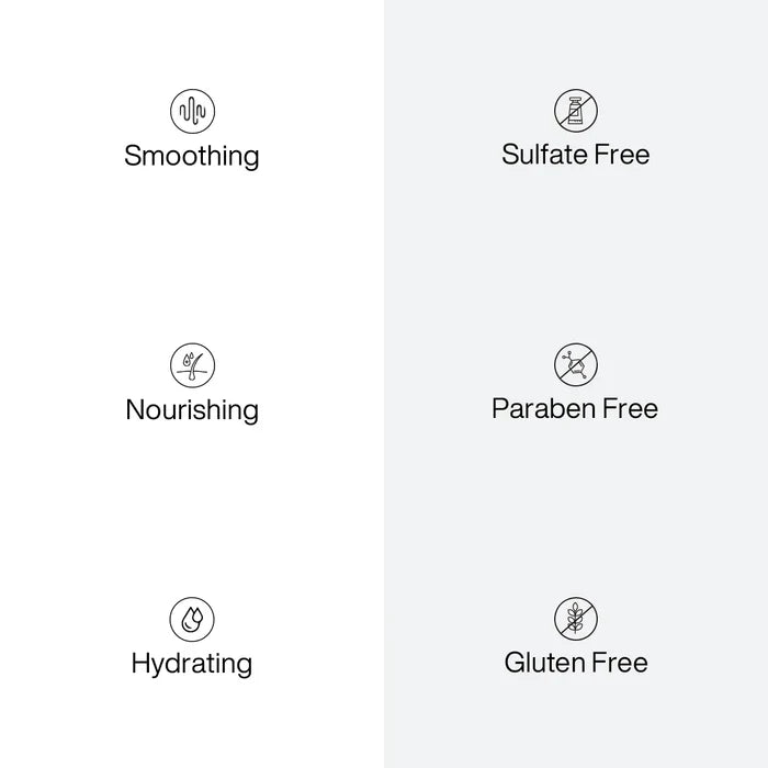 Benefit icons for the Leave-In Hair Spray: Smoothing, Nourishing, Hydrating, Sulfate Free, Paraben Free, Gluten Free
