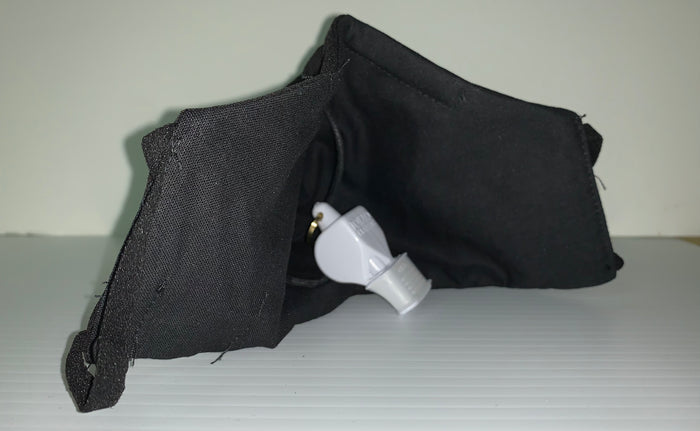 Inside view of Lightweight Whistle Mask with Fox40 CMG attached to internal loop.  CMG in white used for contrast.  Mask does NOT include whistle.
