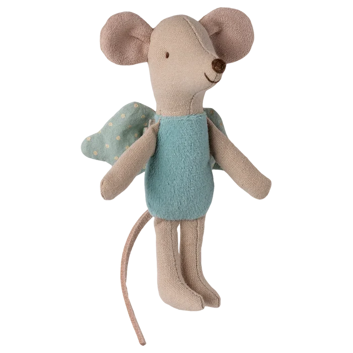 Stuffed mouse toy with a light blue dress on a white background