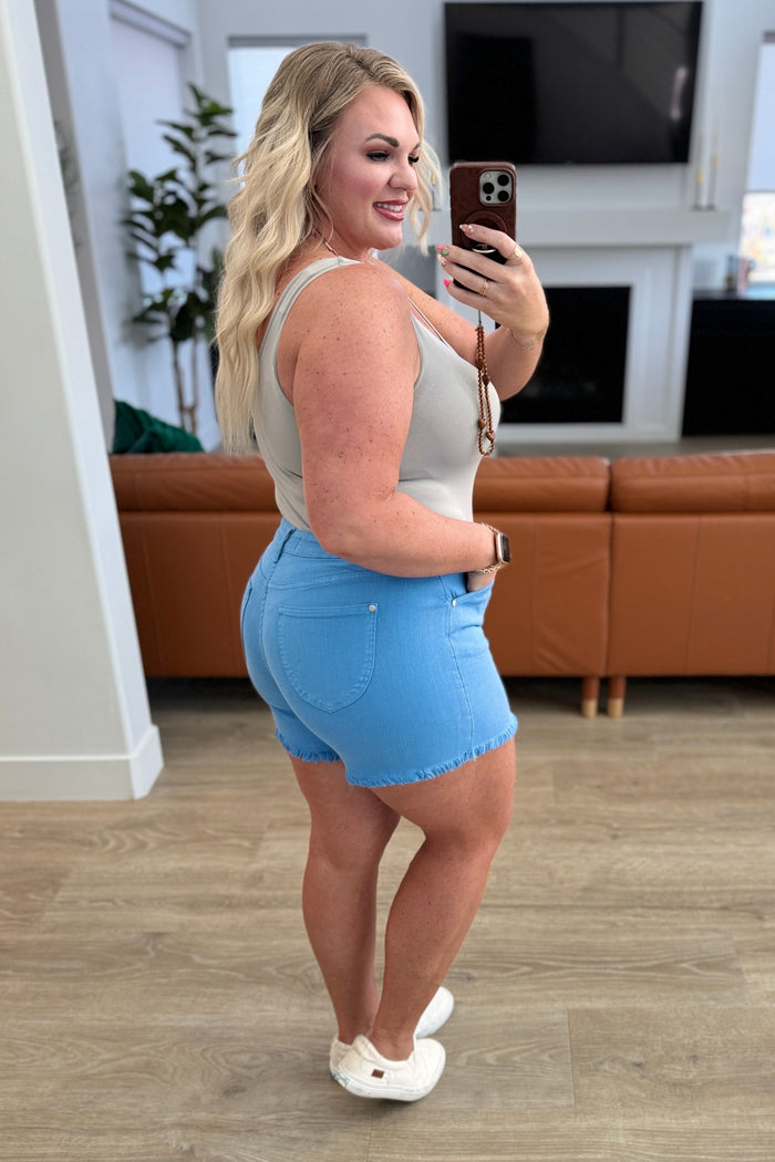 Mid Rise Shield Pocket Cutoff Shorts in Sky Blue - Judy Blue
