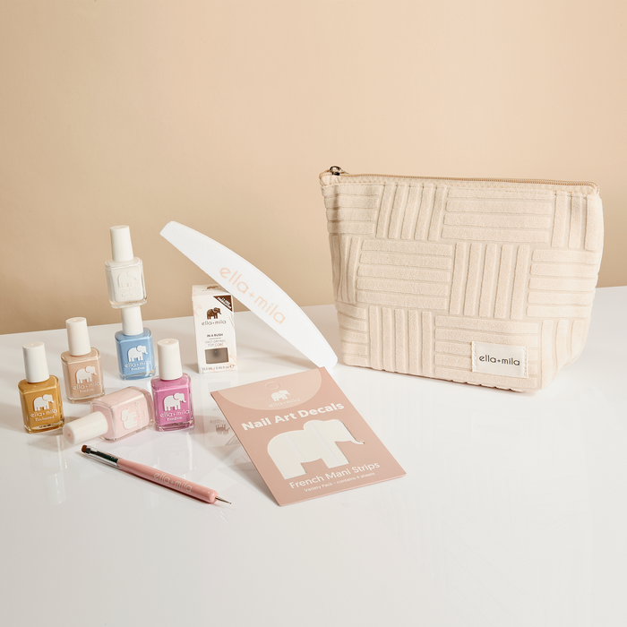 Mila's Must-Haves gift set: cream quilted pouch with nail polishes, file, decals and cuticle oil pen