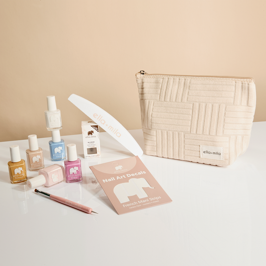 Mila's Must-Haves gift set: cream quilted pouch with nail polishes, file, decals and cuticle oil pen