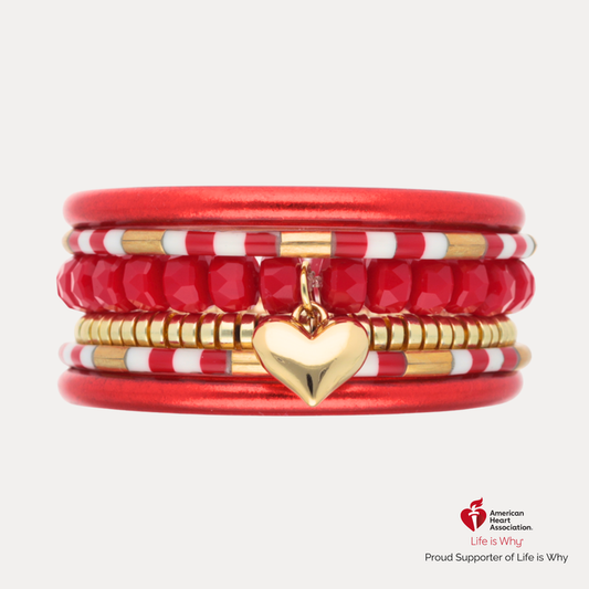 Mindful Heart II Stack vibrant red bracelet stack featuring a heart charm, supporting the American Heart Association.