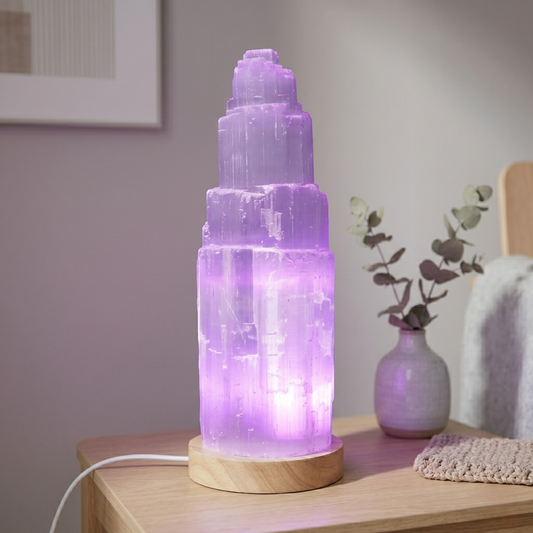 NAMISO - Selenit krystal lampe - flerfarvet lys  - 25 cm.