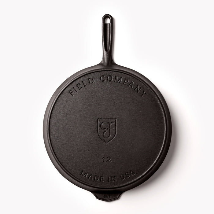 Underside of the No.12 Cast Iron Skillet showing the Field Company and Made in USA stamps