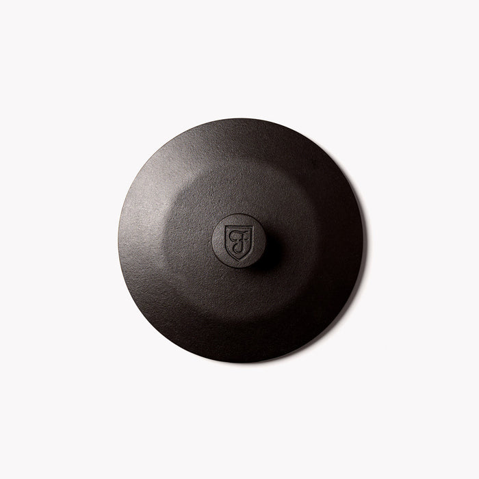Overhead view of the No.6 Field Cast Iron Skillet Lid with shield-stamped center knob