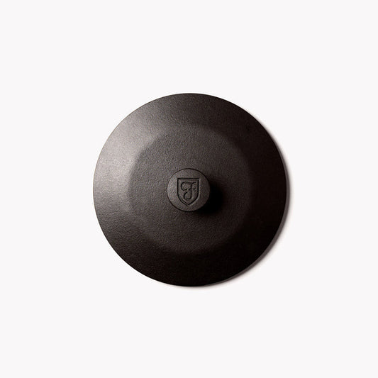 Overhead view of the No.6 Field Cast Iron Skillet Lid with shield-stamped center knob