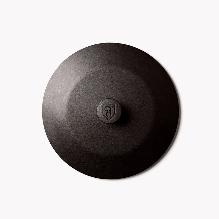 Overhead view of the No.8 Field Cast Iron Skillet Lid with shield-stamped knob