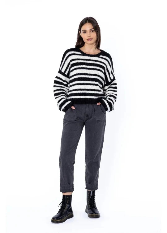Sisstr Ocean Shores sweater black striped crop knit XS.