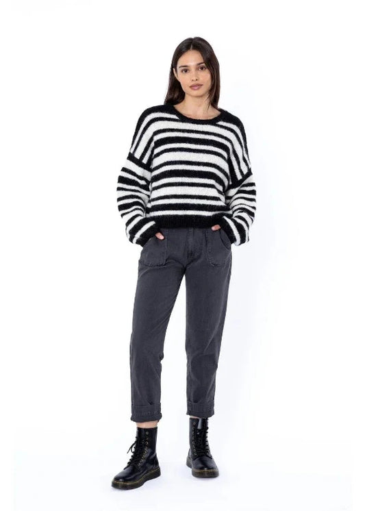 Sisstr Ocean Shores sweater black striped crop knit XS.