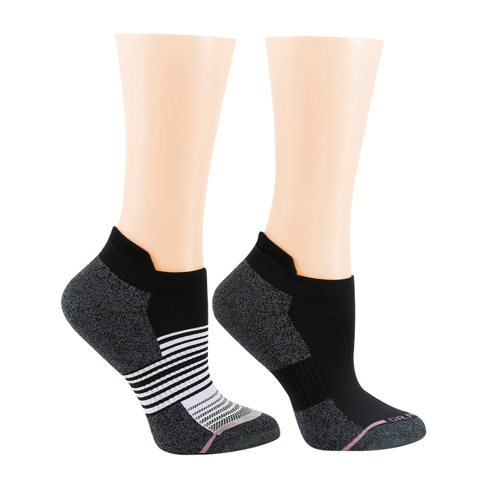 Ankle compression socks featuring a black and white ombre stripe design with a cushioned sole.