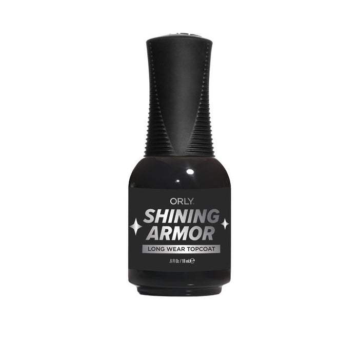 A bottle of ORLY Shining Armor Longwear Topcoat in black color with white and silver labeling.