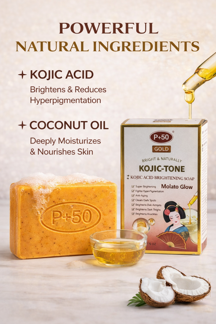 P+50 GOLD KOJIC TONE Kojic Acid Brightening Soap  – 6 Pack Value Bundle (Face & Body)