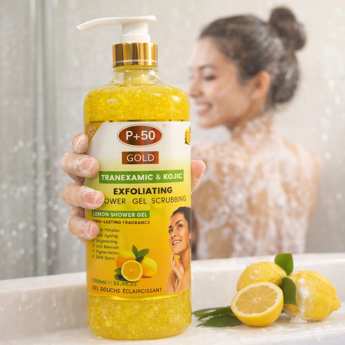 P+50 GOLD Tranexamic & Kojic Brightening Exfoliating Lemon Shower Gel Scrub (1000ml)