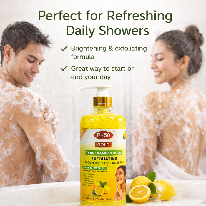P+50 GOLD Tranexamic & Kojic Brightening Exfoliating Lemon Shower Gel Scrub (1000ml)