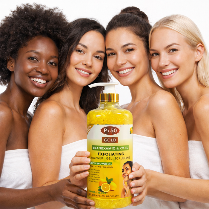 P+50 GOLD Tranexamic & Kojic Brightening Exfoliating Lemon Shower Gel Scrub (1000ml)