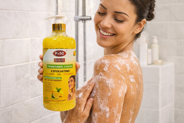 P+50 GOLD Tranexamic & Kojic Brightening Exfoliating Lemon Shower Gel Scrub (1000ml)