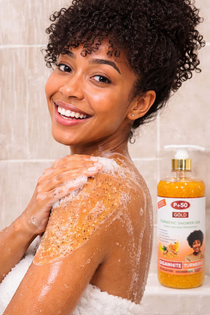 P+50 GOLD Turmeric Brightening Exfoliating Shower Gel Scrub (1000ml)