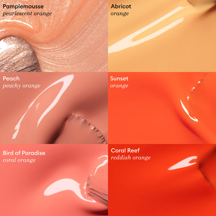 A grid of six orange Manucurist Green Flash gel polish swatches labeled: Pamplemousse (pearlescent orange), Abricot (orange), Peach (summer peach tint), Sunset (orange), Bird of Paradise (coral orange), and Coral Reef (reddish orange).