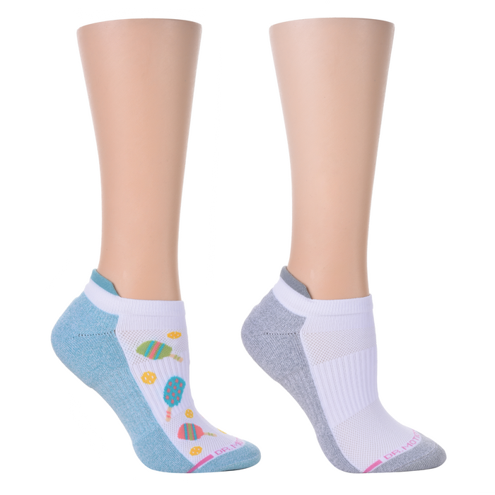 Ankle compression socks in two designs: one with colorful pickleball graphics and the other in gray and white.