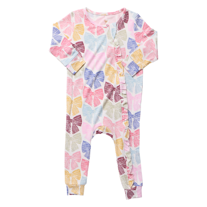 Pink Chicken Bamboo Ruffle Romper in Bright Multi Bows