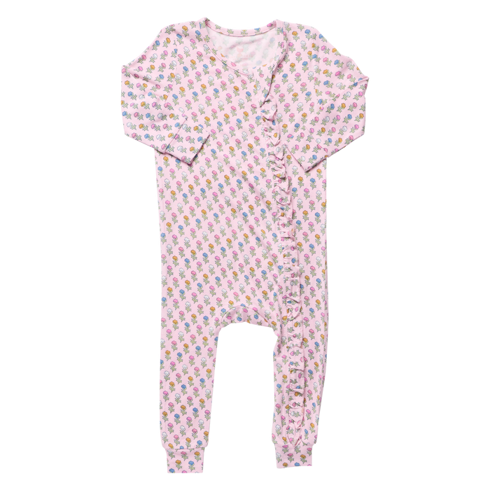 Pink Chicken Bamboo Ruffle Romper in Pink Carnations