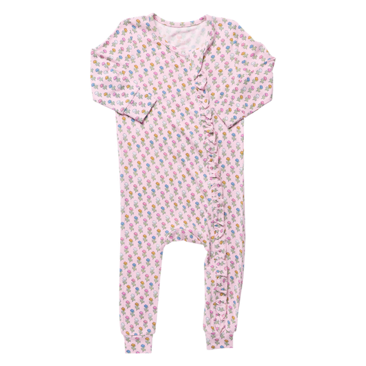 Pink Chicken Bamboo Ruffle Romper in Pink Carnations