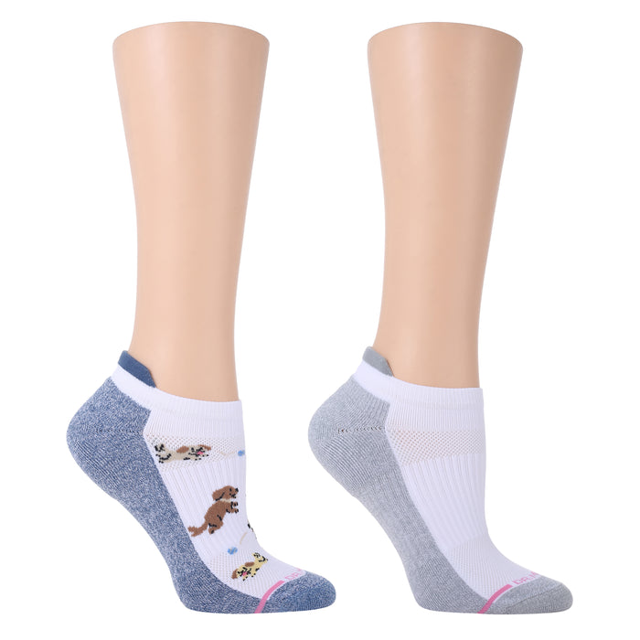 Ankle compression socks featuring playful dog designs in white, blue, and gray colors.