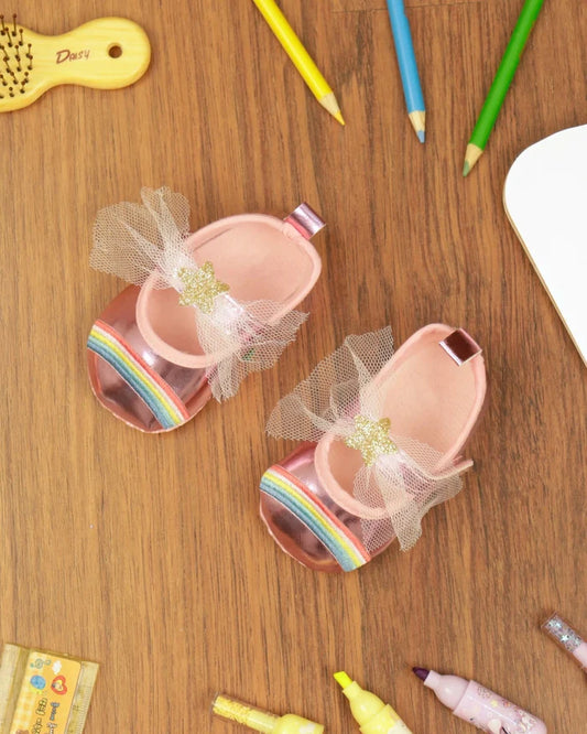 Toddler rainbow sandals, pink with rainbow straps and tulle bow with glitter