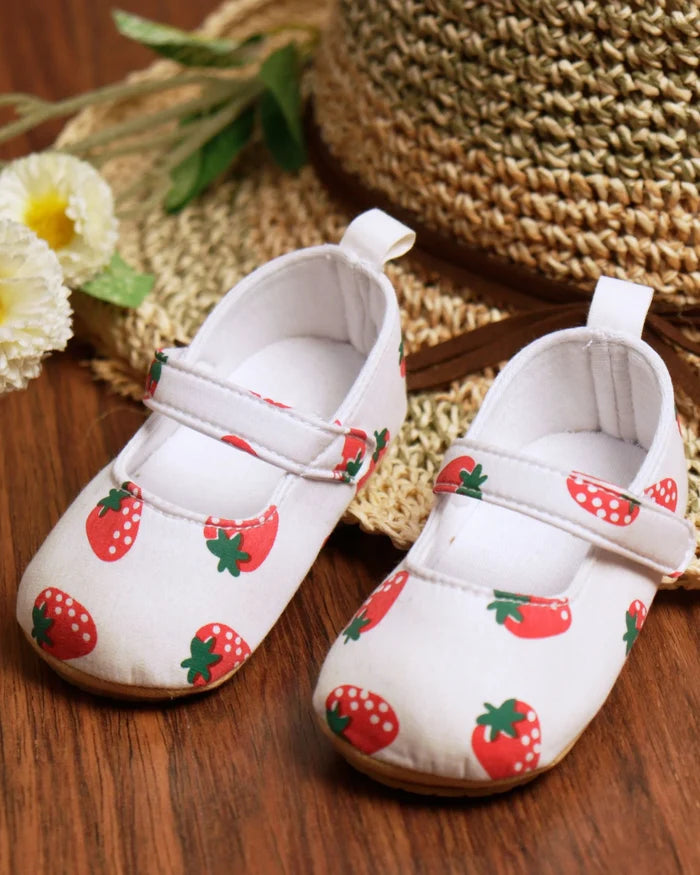 Toddler strawberry-print sandals, white canvas with hook-and-loop strap and elastic fit