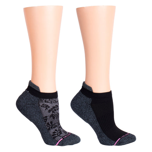 Ankle compression socks featuring a lace texture design in black and gray, displayed on mannequin legs.
