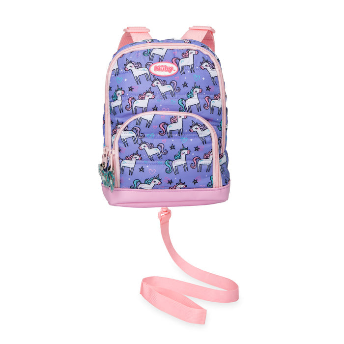 The Quilted Backpack with Safety Harness is a small purple and pink toddler backpack with unicorn and rainbow designs, a top handle, two shoulder straps, a front pocket, and an attached pink child safety harness.
